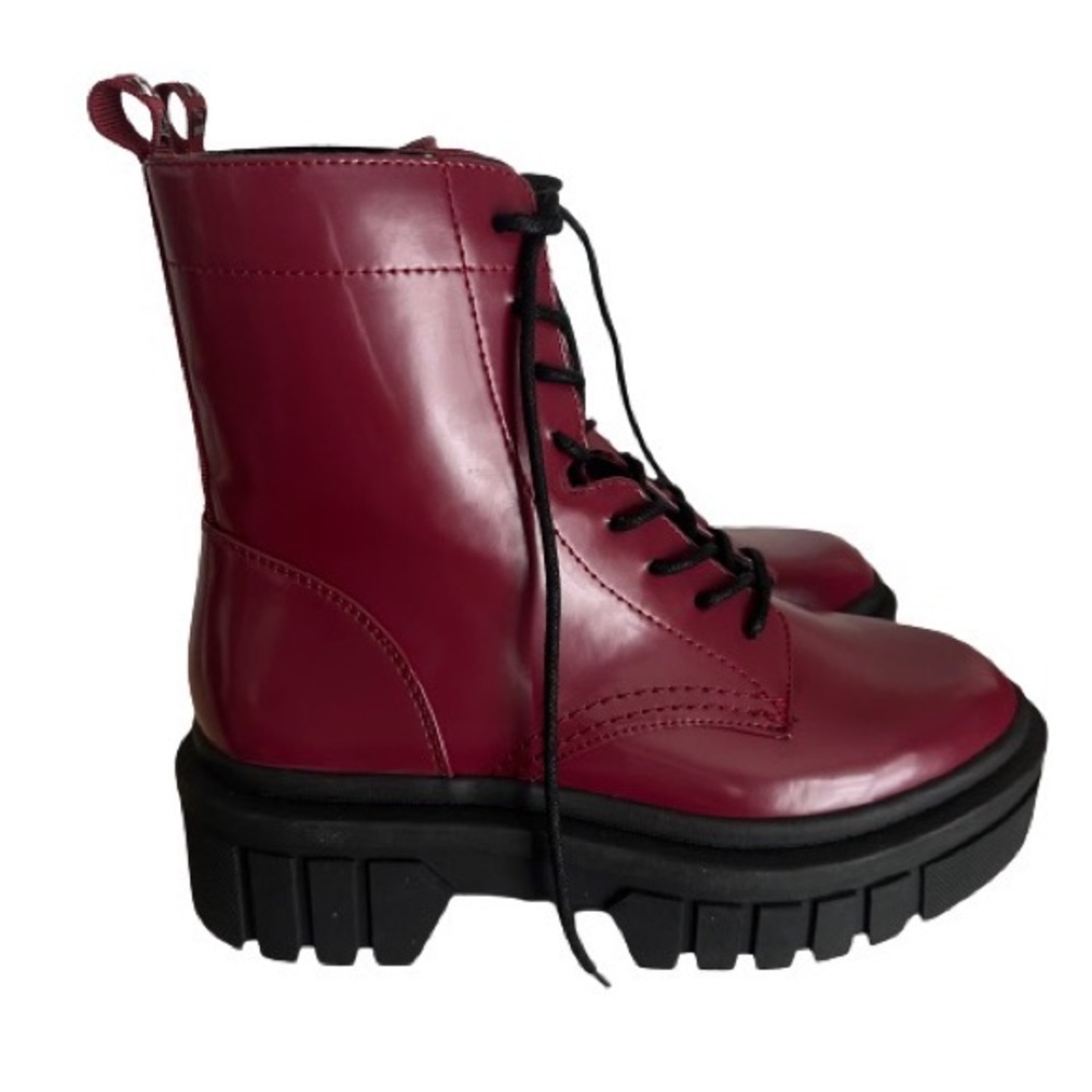 Guess Forster Platform Combat Boots Burgundy Chunky Logged Sole